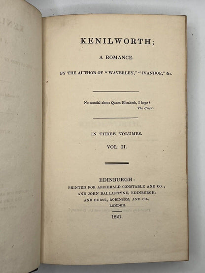 Kenilworth; a Romance by Sir Walter Scott 1821 First Edition