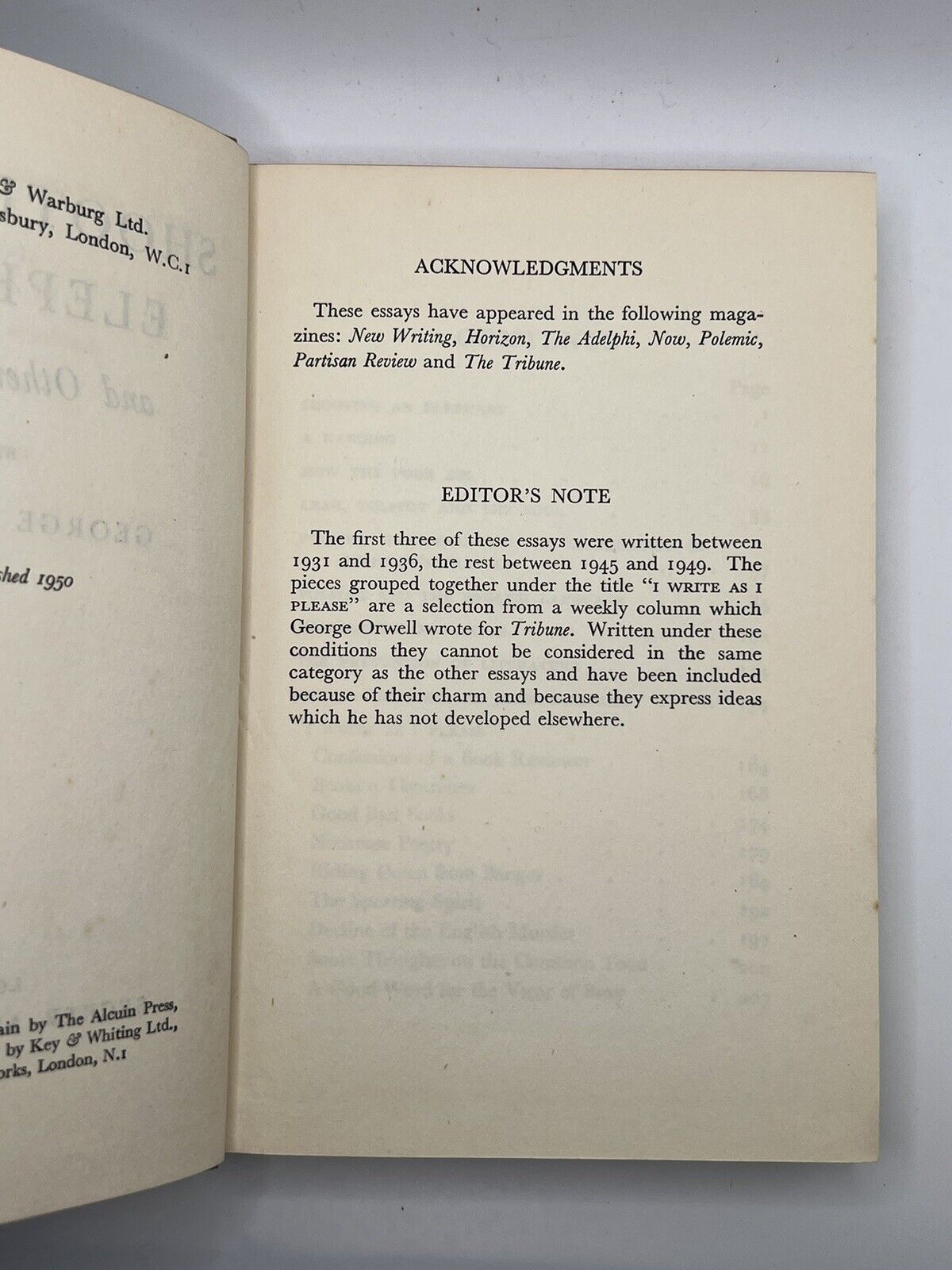 Shooting an Elephant & Essays by George Orwell 1950 First Edition