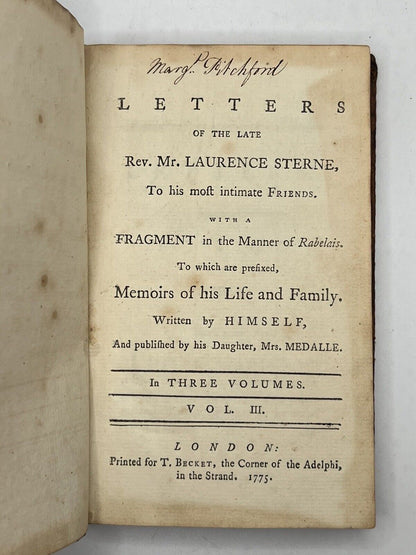 The Letters of Laurence Sterne in 3 Vols 1775 First Edition