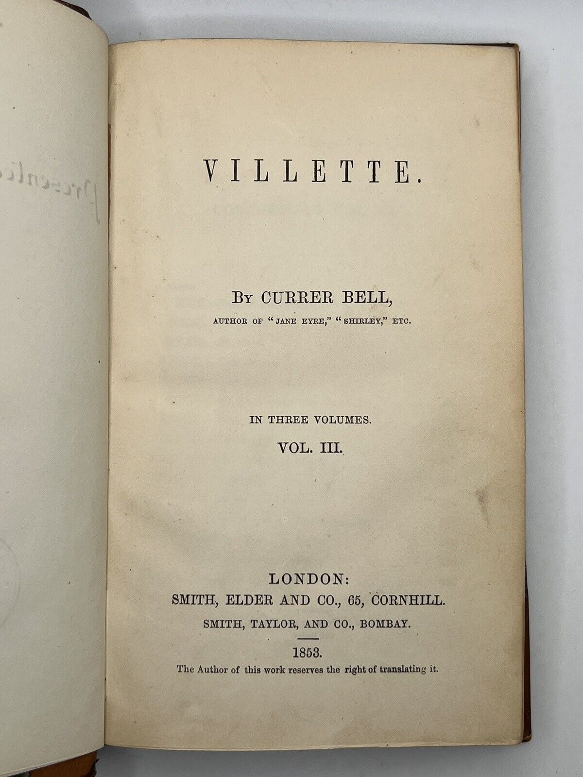 Villette by Charlotte Bronte 1853 First Edition