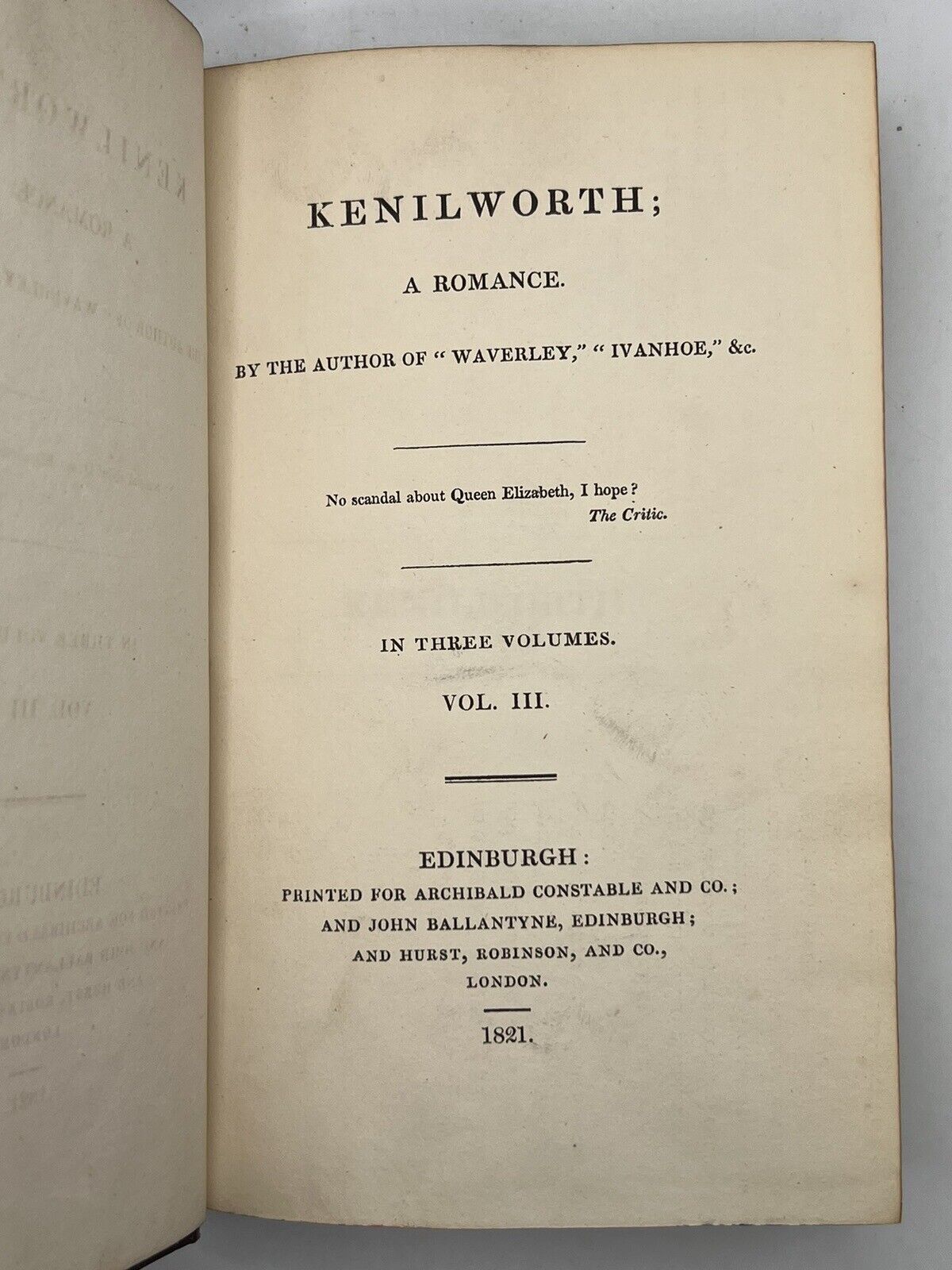 Kenilworth; a Romance by Sir Walter Scott 1821 First Edition