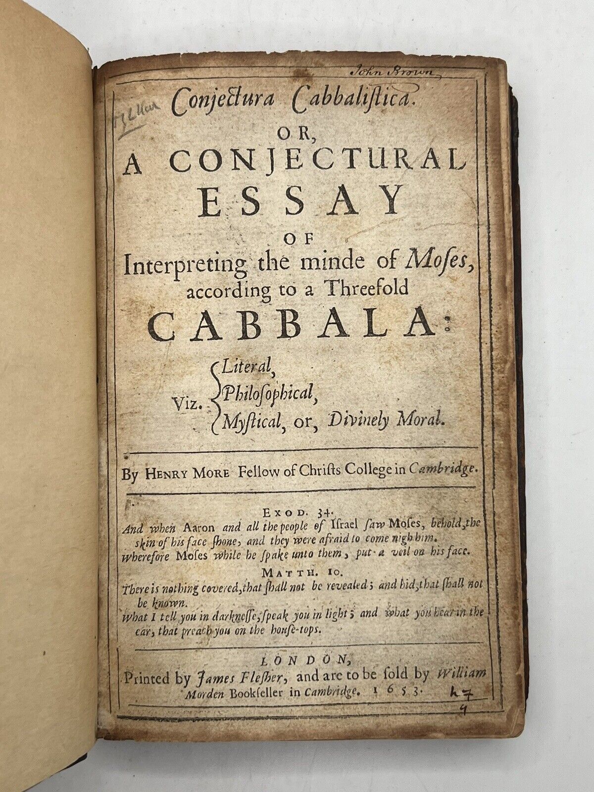 Conjectura Cabbalistica by Henry More 1653 First Edition