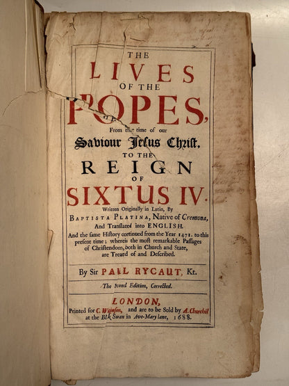 Platina's Lives of the Popes 1688 Second English Edition