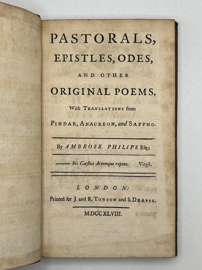 Pastorals, Epistles, Odes of Pindar, Anacreon, and Sappho by Ambrose Philips 1748