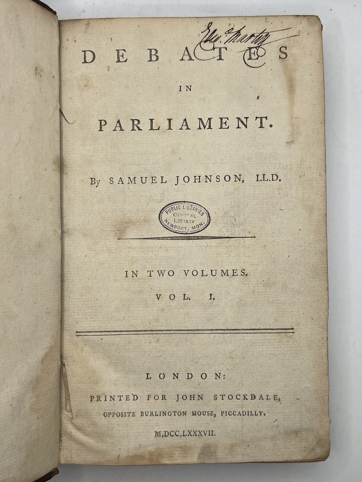 Debates in Parliament by Samuel Johnson 1787 First Edition