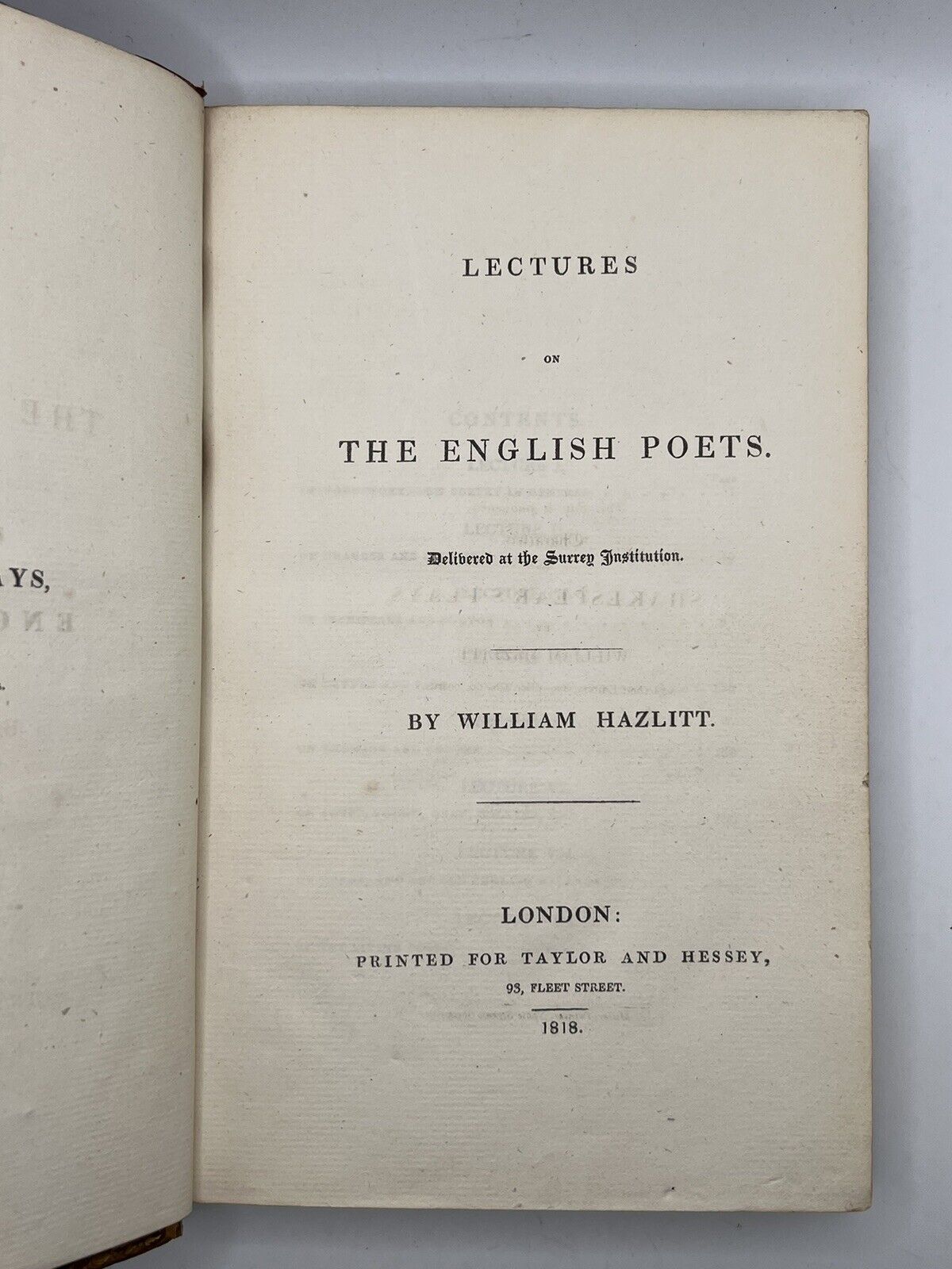 Lectures on the English Poets by William Hazlitt 1818 First Edition