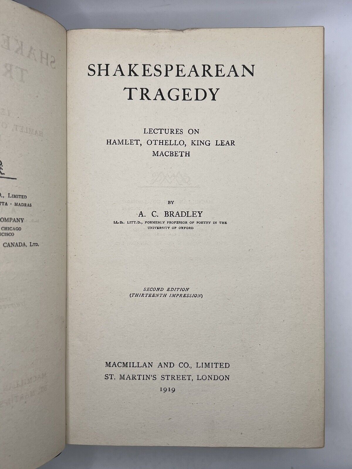 Lectures on Shakespearean Tragedy by A. C. Bradley 1919