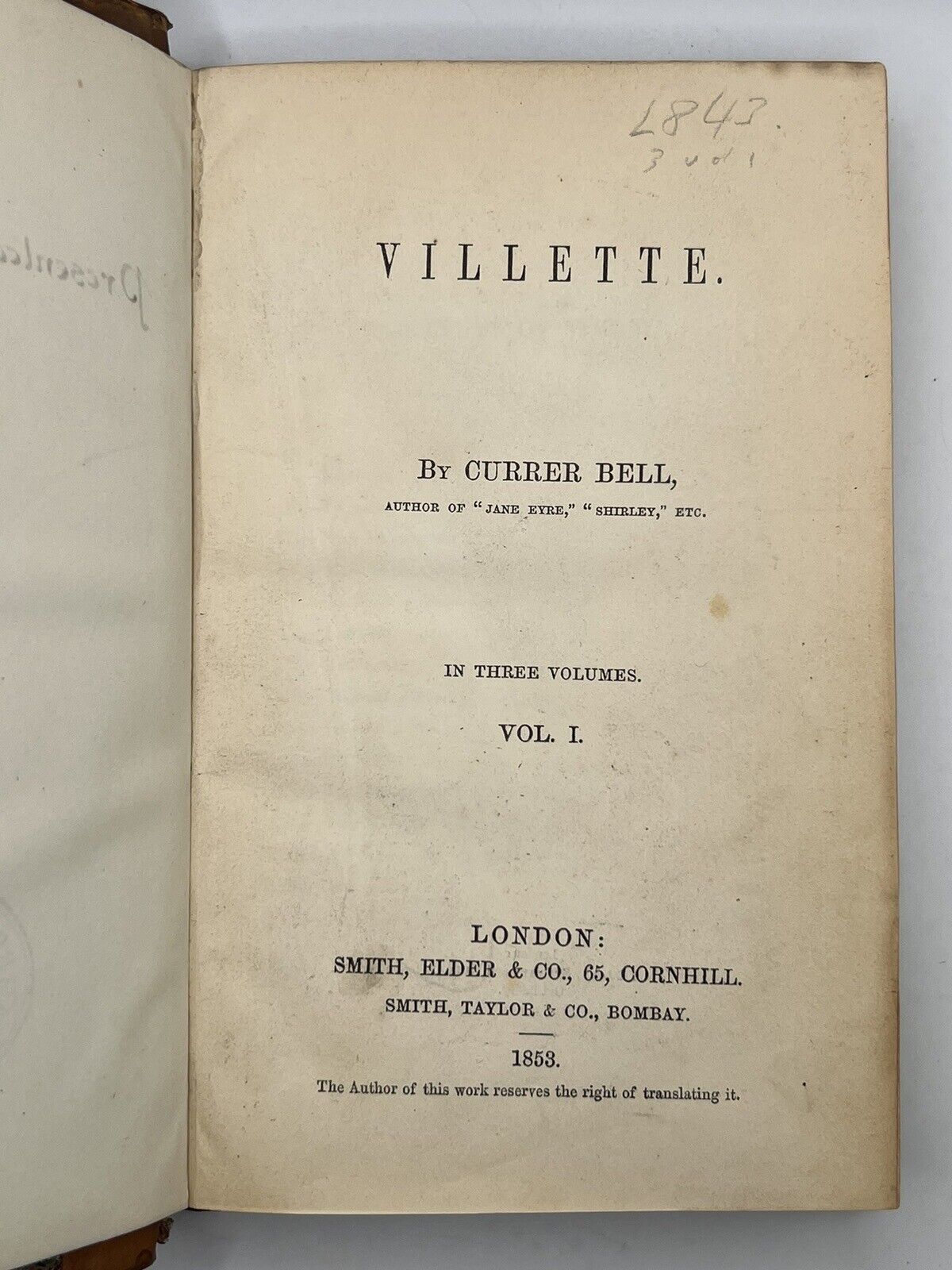 Villette by Charlotte Bronte 1853 First Edition