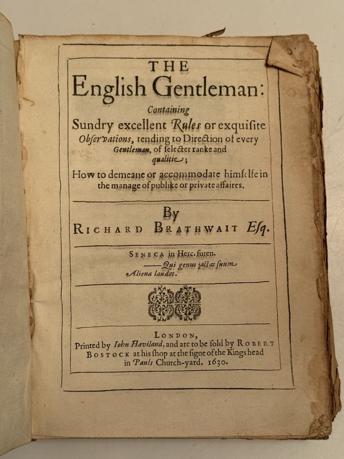 The English Gentleman by Richard Brathwait 1630 First Edition First Issue