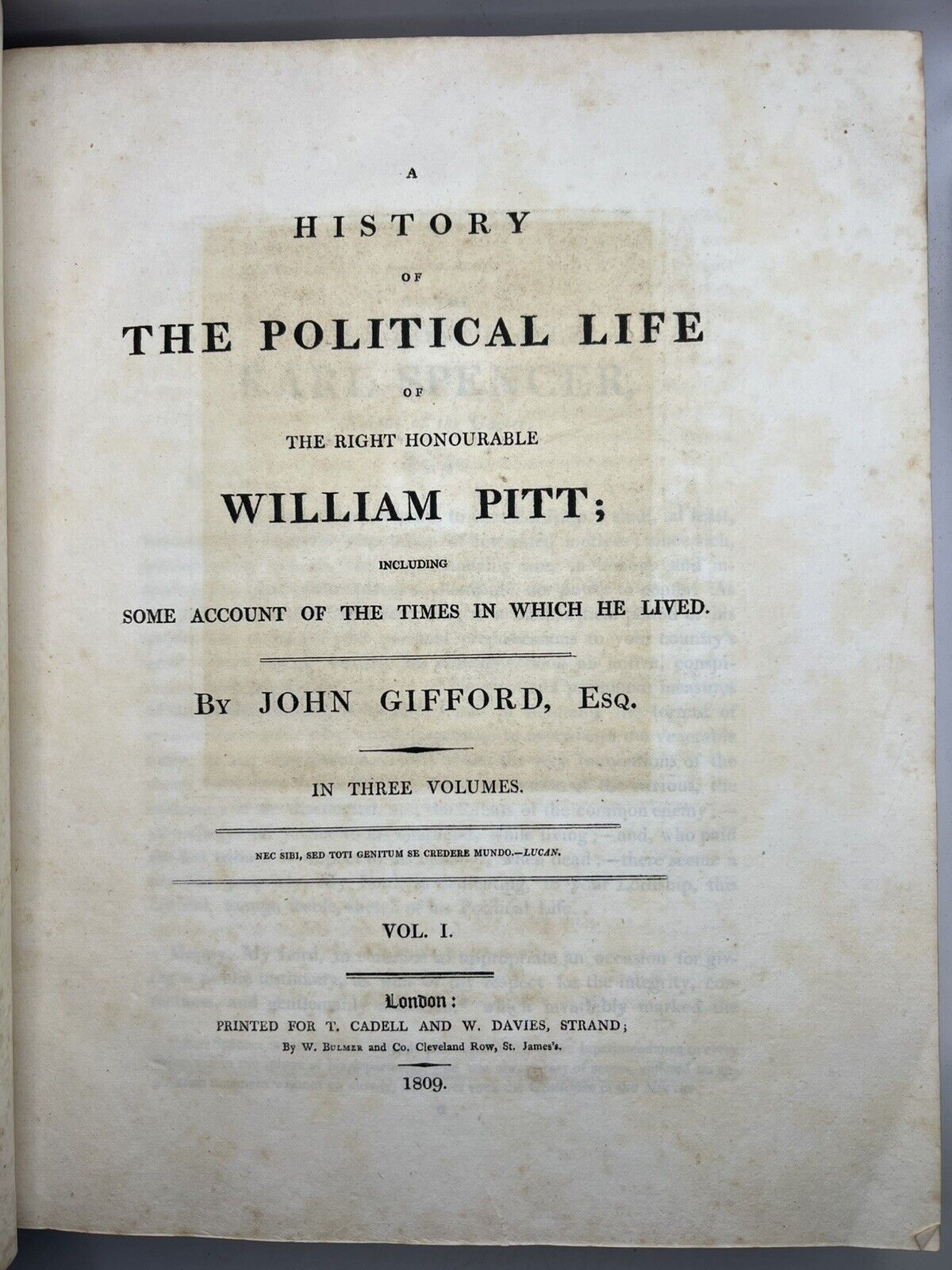 A History of The Political Life of William Pitt by John Gifford 1809