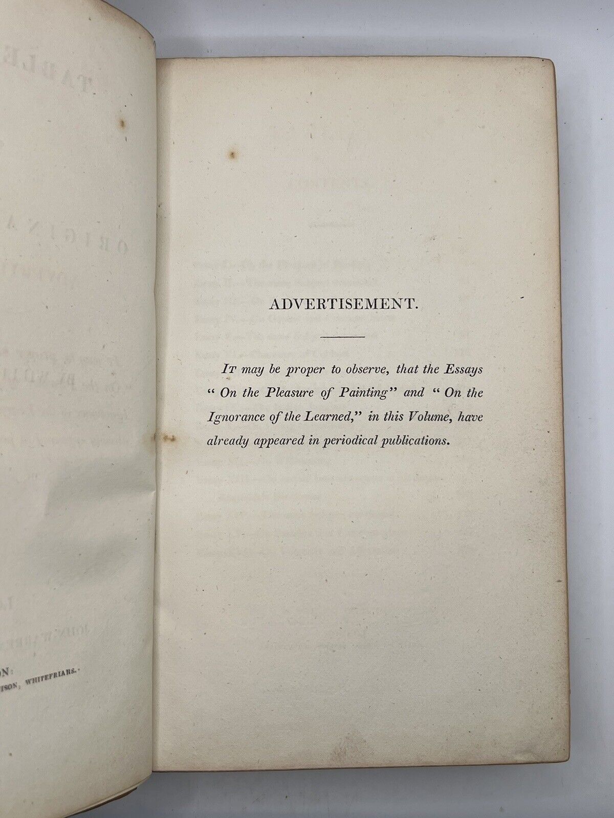 Table-Talk; Or, Original Essays By William Hazlitt 1821 First Edition