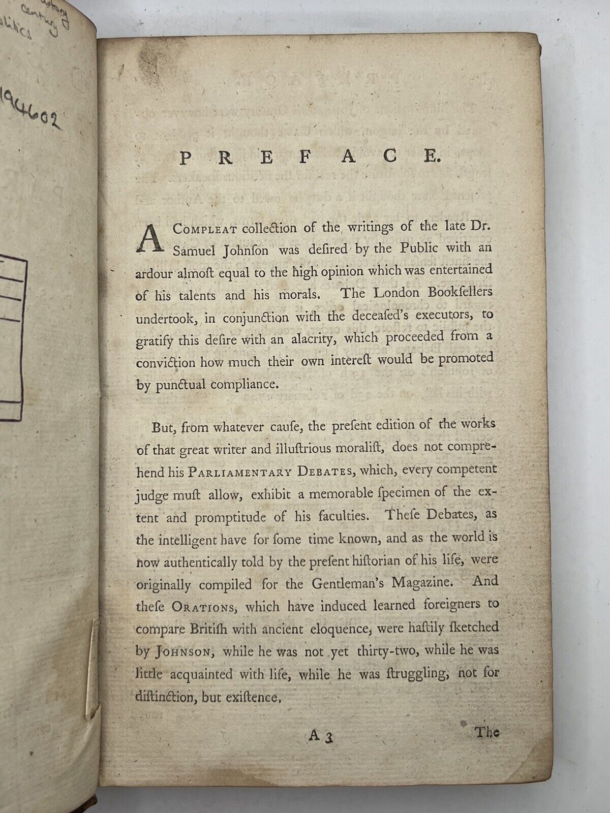 Debates in Parliament by Samuel Johnson 1787 First Edition