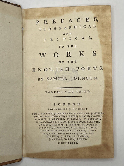 Prefaces to the English Poets by Samuel Johnson 1779-1781 First Edition