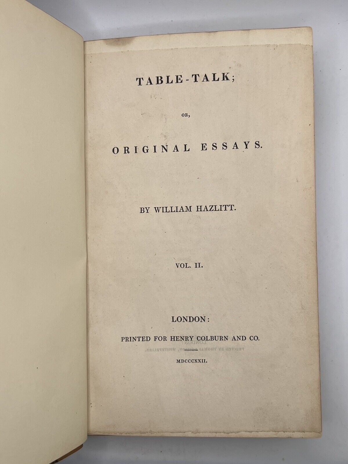 Table-Talk; Or, Original Essays By William Hazlitt 1821 First Edition