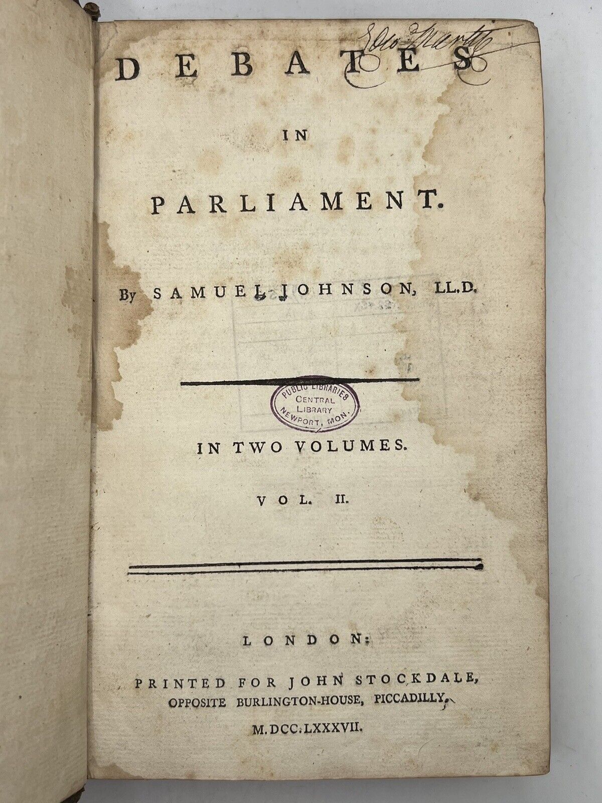 Debates in Parliament by Samuel Johnson 1787 First Edition